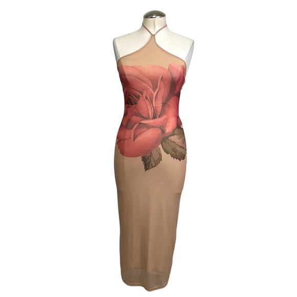 Romantic Rose Mesh Halter Tie Back Bodycon Midi Dress Burnout - Picture 1 of 12